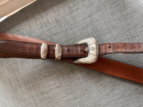 LUCCHESE Classics Belt And Buckle Western Leather 38 Brown Genuine Calf  W0785