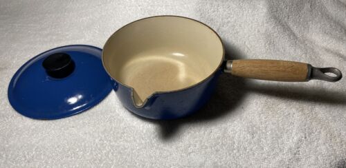 Vintage Le Creuset #18 Sauce Pan Pot & Lid Blue w/ Wood Handle
