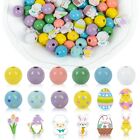 240 Pieces Easter Wood Beads Egg Bunny Wooden Beads Spring Pastel Colorful Ro...