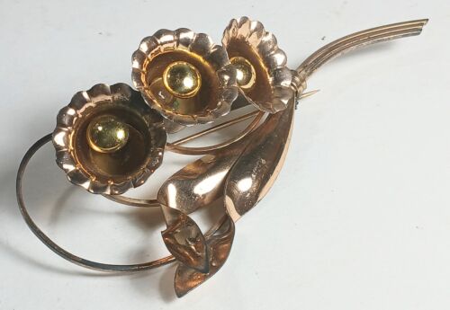 Vintage TruArt Gold Filled over Sterling Silver Large Brooch, Floral Signed