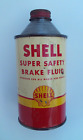VINTAGE 1950s SHELL OIL CO SUPER SAFETY BRAKE FLUID METAL CONE TOP TIN CAN EMPTY