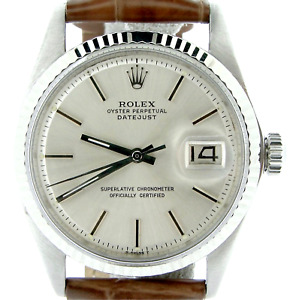 Rolex Datejust 1601 Mens Stainless Steel 18K White Gold Watch Silver Dial Brown