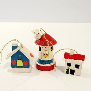 3 Vintage Wooden Bird In Birdhouse Holiday Ornaments Houses