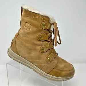 Sorel Explorer Joan Waterproof Tan Light Brown Leather Lace Up Boots Size 9