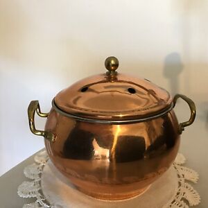 Vintage Copper Potpourri Simmering Pot w/Lid Brass handles Cottagecore