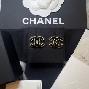Authentic Chanel Earrings Metal Black Enamel Gold Trim