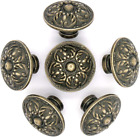 6 Pcs Vintage Antique Brass Knobs Handles Pulls with Flower Pattern for Cabinet