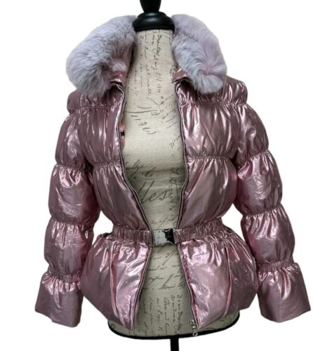 Miss Grant Girls Designer Down Jacket Fox fur collar 10 / 11 Pink Shimmer Puffer