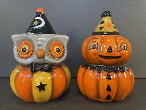 Halloween Salt & Pepper Shakers Pumpkin Owl Johanna Parker Design No Chips 4”