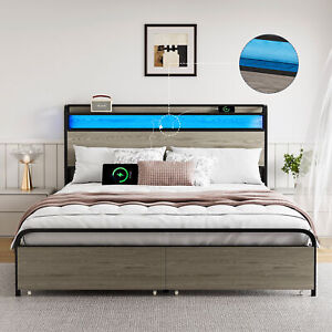 Full/Queen Size Bed Frame with Storage Drawers and LED Lights