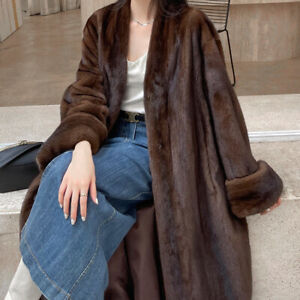 Noble Women's V-neck Long Mink Coat Fur Collar Overwear Parka Outwear S-6XL