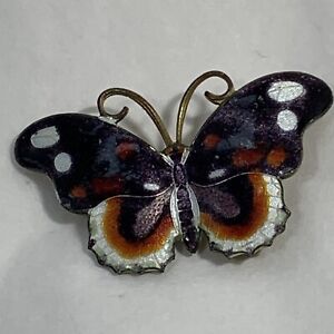 Vintage Estate Guilloche Enamel Butterfly Pin Brooch Purple Orange 2
