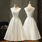 Simple Satin Wedding Dresses With Belt Tea Length Sleeveless V-Neck Bridal Gown