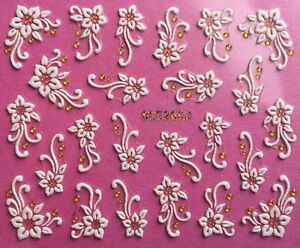 Nail Art 3D Decal Decal White Flowers Stickers Gold Accents BLE269J