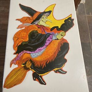 HALLOWEEN Decoration Die Cut Cutout Vintage Flying Witch double sided By Kirk