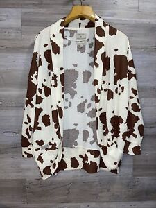 SIMPLY SOUTHERN Large Cow Print Waffle Knit Open Cardigan NWT Brown Beige