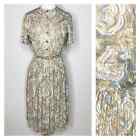 Vintage 40s/50s Blue Tan Cream Belted Day Dress Women's XS/S