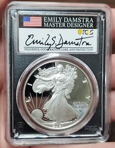 2021 S PROOF SILVER EAGLE PCGS PR70 DCAM FIRST DAY OF ISSUE EMILY DAMSTRA SIGNED