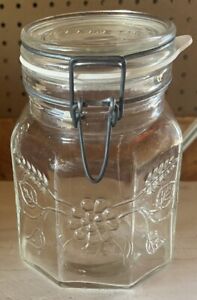 Vintage Hermetic Kitchen Canister Jar W/ Glass Bale Lid Octagon Flower Design