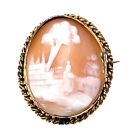 Yellow GF Spiral Frame Oval Carved Cameo Brooch w/ Scenic Home Countryside, 3”