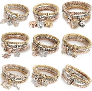 Fashion 3pc/set Rhinestone Charm Bangle Bracelets 3 Tone Rose-Gold, Silver, Gold