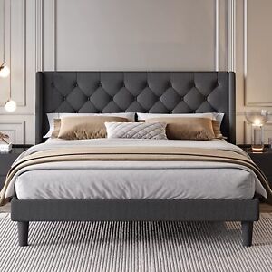 Fabric Platform Bed Frame with Upholstered Headboard and Wingback,Dark Grey