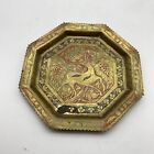 Vintage Brass Plate Tray Enameled Etched Deer Octagon Scalloped Patina 9” Wide