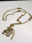 Vintage MYKA Long Gold Tone and Gem Stones Balls Chinese Necklace 36” very Rare
