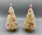 Vintage pair of light pink bottle brush Christmas trees flocked mica glass balls