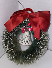 Vintage Christmas Wreath Flocked Green Bottle Brush Ornament w Bell 5