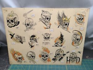 Vintage Phil Sims Tattoo Flash Sheet Original Art Signed Parlor 15 Skull Tattoos