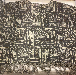 African Village Women's Poncho One Size Gray Mix Geometric Pattern Cotton Fringe