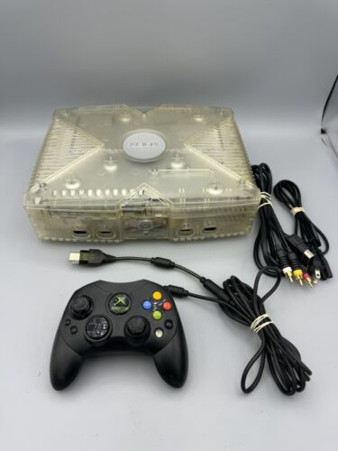 LIMITED EDITION XBOX CRYSTAL CLEAR CONSOLE +1 controller cable tested working