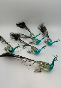 Six Vintage Blown Glass Peacock  Real Feathers Bird Christmas Ornament Clip On
