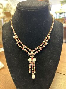 Necklace 14”, Pink Rhinestones And White Glass Beads, Middle Dangle Style, Vtg?