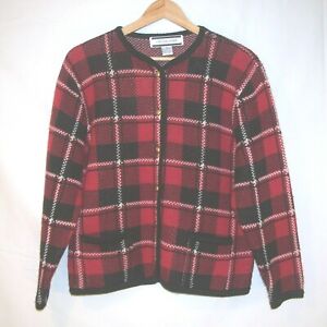 Crystal Kobe Womens M Plaid Cardigan Sweater VTG Red Black Gold Buttons Pockets