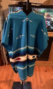 MEXICAN PANCHO - Turquoise Blue, White & Red ~ One Size Fits All