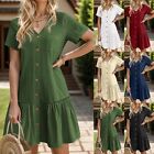 Women Button Down Dress Loose Summer Cotton Linen Shirt Dress Ruffle Casual