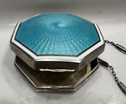 Antique  Sterling Silver, Blue Guilloche Enamel Ladies Compact on chain
