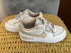 NIKE Air Force 1 Womens Mid Top White Leather w/Tan Grey Accents, 7.5M — EUC!