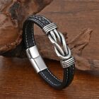 Men's Classic Braided Leather Bracelet Stainless Steel Punk Magnet Buckle Bangle