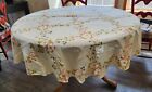 Vintage Beige W/ Red & Blue Colorful Flowers 60’s 70’s Round Tablecloth 70”
