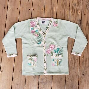 Storybook Knits Embroidered RN Nurse Sweater Size Medium - Green Pink Cardigan