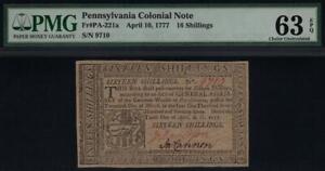 New ListingPA-221a   PMG CU63 EPQ  16s  April 10, 1777 Pennsylvania Colonial Currency