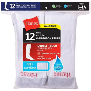 Hanes Men's Over-the-Calf Tube Socks 12-Pack  FreshIQ  Cushioned Sole White 6-12