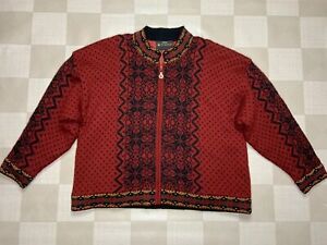 Windfjord Women Red 100% Wool Fair Isle Full Zip Sweater Size 3XL