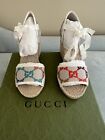 NEW GUCCI Linen Psychedelic Mini GG Ankle Wrap Platform Espadrille Wedge Sandals