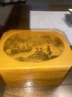 Antique Trinket Box Wood Rare With Historic Scene And Carved Etching At Base
