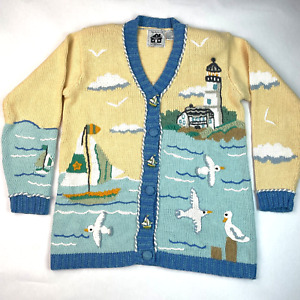 Handknits Storybook Knits Cardigan Sweater Seashore Seagull Lighthouse Sailboat