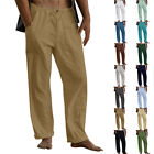 Mens Cotton Linen Elastic Waist Stretch Long Pants Casual Loose Trousers Buttoms